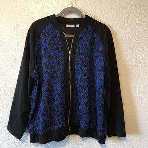 Susan Graver Sweatshirt Zipper Front Floral Plus Size 1X Black & Blue Dressy